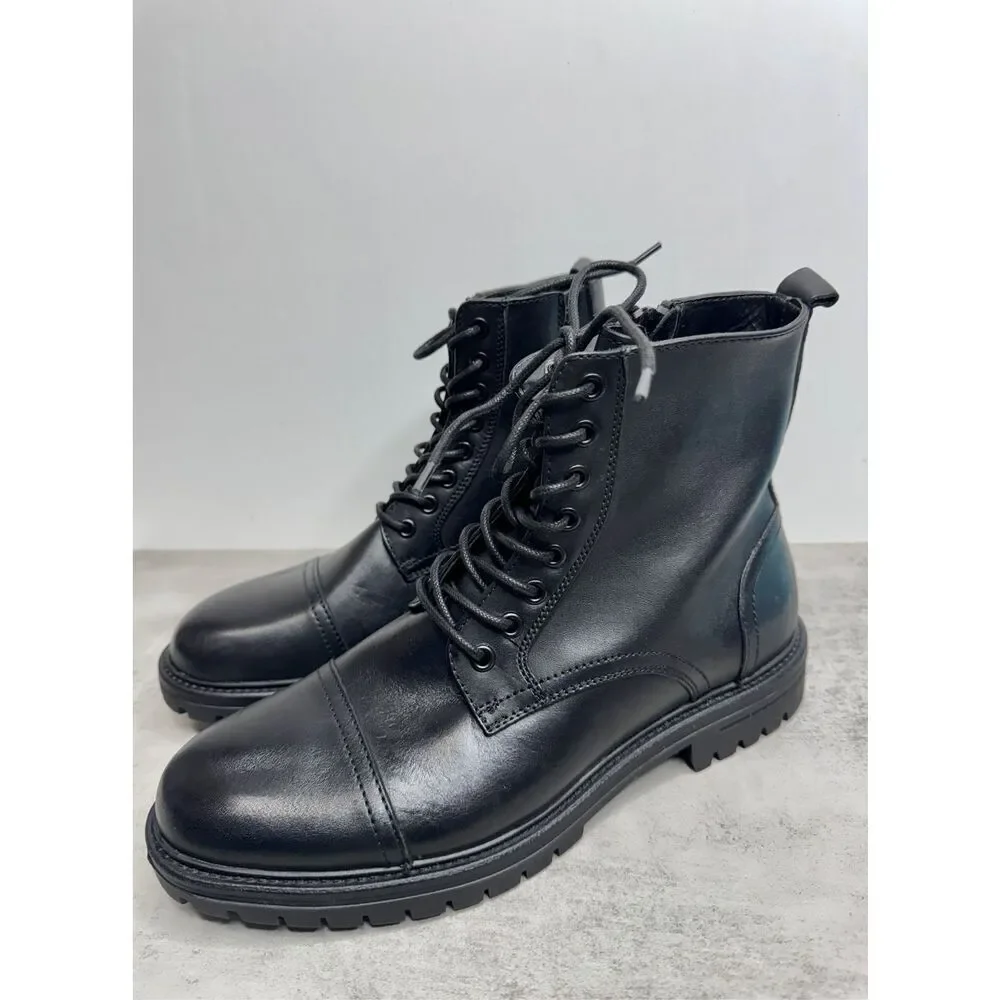 BP‎ Lace Up Boots Size 9.5 Black Leather Block Heel Rubber Sole NEW